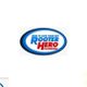 Logo with text "Here to save your day, Rooter Hero Plumbing" in a blue and red oval.