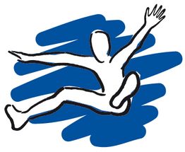 Strichmännchen springt dynamisch vor blauem Hintergrund.