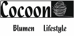Logo mit dem Text "Cocoon Blumen Lifestyle", rechts ein stilisierter Kokon.