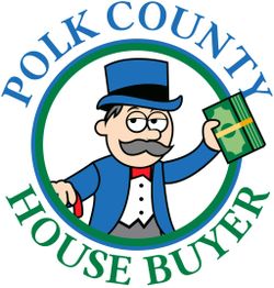 Cartoon man in suit with cash, text: "Polk County House Buyer".