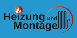 Logo mit Text "Heizung und Montage", Feuer- und Heizsymbol auf blauem Hintergrund.