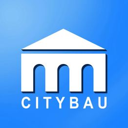 Logo der Firma Citybau: Weißes Gebäude auf blauem Hintergrund.