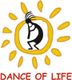 Schwarze Figur in gelber Sonne mit Text "Dance of Life" darunter.