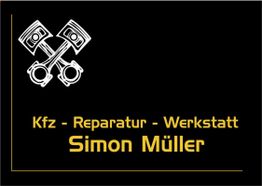 Kfz-Reparaturwerkstatt-Schild mit Kolben-Motiv und dem Namen Simon Müller in Gelb.