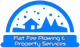 Logo with house, trees, and snow, labeled "Flat Fee Plowing & Property Services" in blue.