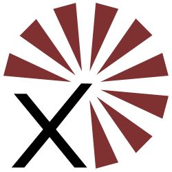 Ein stilisiertes "X" mit braunen Strahlen; grafisches Logo-Design in Rot und Schwarz.