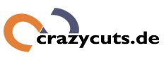 Logo mit zwei Halbkreisen in Orange und Blau, darunter der Text "crazycuts.de" in Schwarz.
