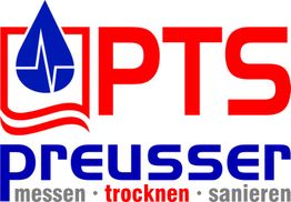 Logo von PTS Preusser mit einem Tropfen, Text: "messen · trocknen · sanieren".