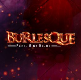 Texto "Burlesque Paris 6 by Night" com fundo vermelho brilhante e luzes.