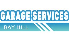Blue and white "Garage Services Bay Hill" logo with decorative lines.