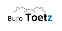 Logo met tekst "Buro Toetz" en huizenlijn in grijstinten. "Toetz" eindigt met een blauwe "z".