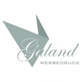 Logo mit grauem Origami-Vogel und dem Schriftzug "Galand Werbedruck".