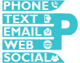Icons and labels for communication: phone, text, email, web, social, with a large letter "P."