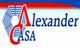 Logo con scritte "Alexander CASA", design moderno con linee blu e rosse su sfondo bianco.
