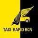 Logo de "Taxi Rapid BCN" en fondo dividido amarillo y negro con coche alado.