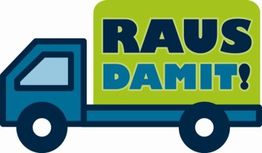 Illustration eines blauen LKWs mit dem grünen Schriftzug "RAUS DAMIT!" auf dem Auflieger.