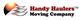 Logo of Handy Haulers Moving Company with a sun and stylized stripes.