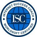 ISC-Logo mit der Aufschrift: "Internet Success Coach, Worldsoft Certified", blauer Globus.