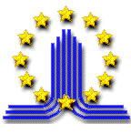 Blaues Logo mit gelben Sternen im Kreis und blauen Streifen in der Mitte.