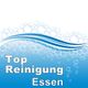 Blasen und Wellen mit der Aufschrift "Top Reinigung Essen" in blau und weiß.