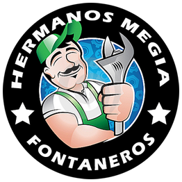 Logotipo de "Hermanos Megía Fontaneros" con un fontanero sonriente y una llave inglesa gigante.