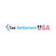 Tax Settlement USA logo with a stylized American flag and blue and black curved lines.
