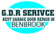 G.D.R Service logo: "Best Garage Door Repair in Benbrook" on a turquoise background.