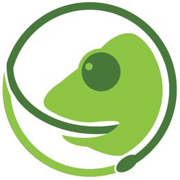 Grünes Chamäleon-Logo mit kreisförmigem, stilisiertem Design auf weißem Hintergrund.