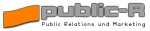 Logo mit Text "public-R" und "Public Relations und Marketing" auf grauem Hintergrund.