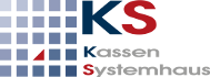 Logo mit blauem Kachelmuster, großem "KS" in Blau/Rot und Text "Kassen Systemhaus".