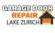 Logo of "Garage Door Lake Zurich" with house and orange garage door icon.
