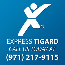 Logo with figure and text: "Express Tigard, call us today at (971) 217-9115" on blue background.