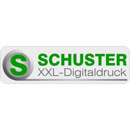 Logo von Schuster XXL-Digitaldruck: Grünes "S" in grauem Kreis, Schriftzug darunter.