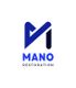 Blue and white logo for "Mano Restoration," featuring an abstract "M."