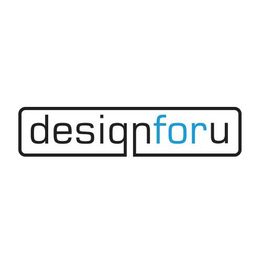 Logo mit dem Text "designforu" in schwarzer und blauer Schrift auf weißem Hintergrund.