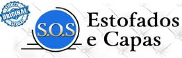 Selo azul de originalidade ao lado do logo S.O.S Estofados e Capas em fundo branco.