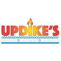 Logo for Updike's Heating, Cooling, Plumbing with flame and water wave design.