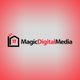 Logo with a house icon and text "Magic Digital Media" on a red gradient background.