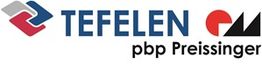 TEFELEN Logo mit pbp Preissinger und grafischen Elementen in Rot, Grau und Schwarz.