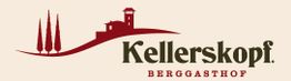 Logo mit roter Hügelsilhouette, drei Bäumen, Gebäude und Text "Kellerskopf Berggasthof".