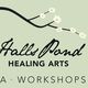 Stylized branch with flowers and text: "Halls Pond Healing Arts, Yoga, Workshops."