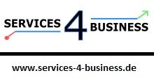 Logo mit Text "Services 4 Business" und Pfeilen. Darunter die Website-Adresse "services-4-business.de".