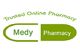 Pill-shaped logo reading "Medy Pharmacy" with "Trusted Online Pharmacy" above in green text.