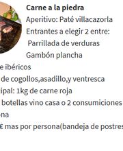 Menú de Carne a la piedra con aperitivos, entradas, plato principal, bebida y postre.