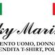 Logo "Sky Marine" con bandiere italiana e testo su produzione di abbigliamento vario.