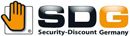 Logo mit Hand und Schriftzug "SDG Security-Discount Germany" in Schwarz und Orange.