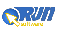 Logo de Run Software con flecha amarilla en fondo azul.
