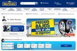 Página web de Norauto con anuncio de precios bajos en neumáticos y servicios de taller.