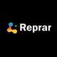 Logo with "Reprar" text and a colorful abstract shape on a black background.