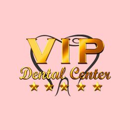 VIP Dental Center logo with gold text and five stars on a pink background.